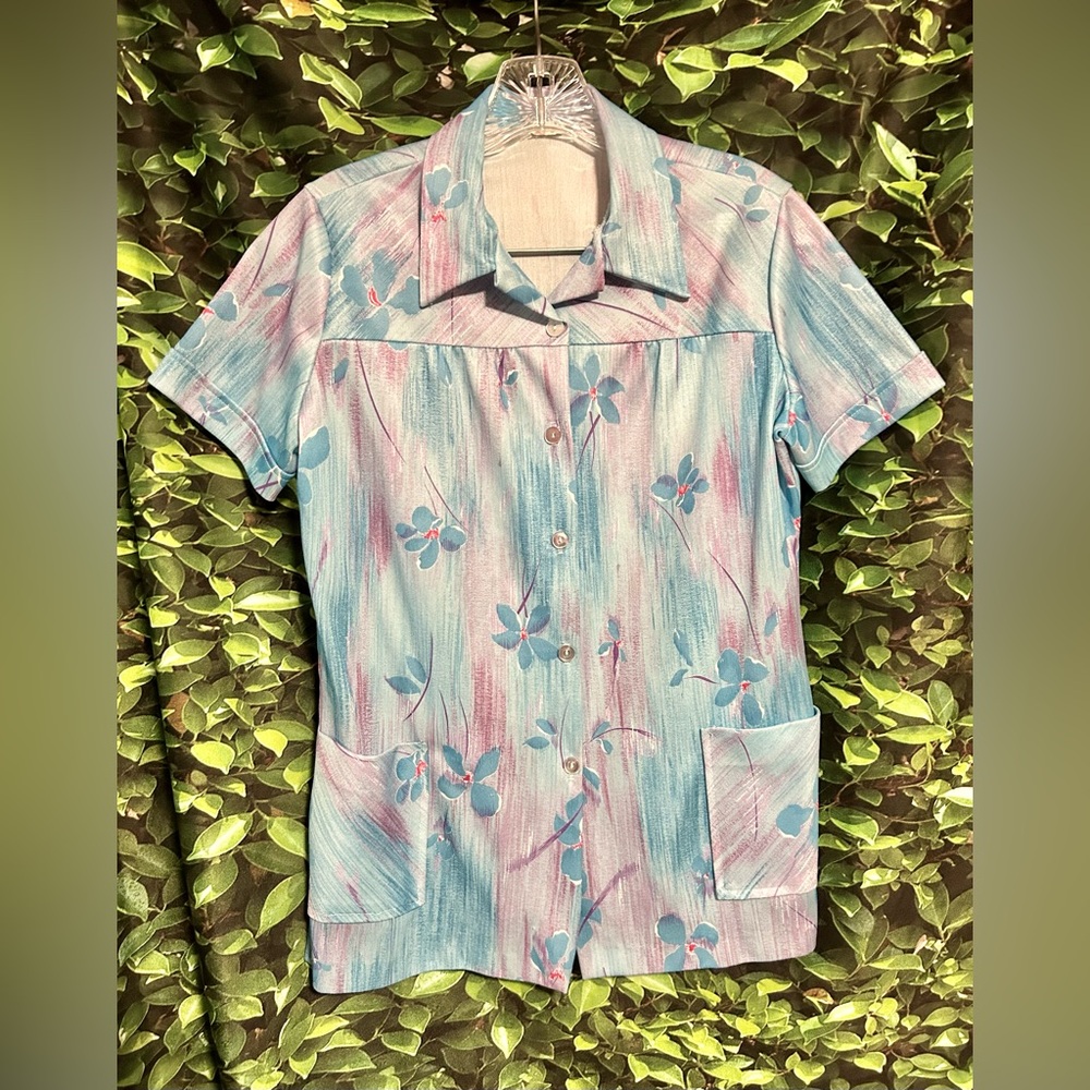 Vintage 60s 70s House Shirt Blouse Floral Shirt Blue Floral Womens Small